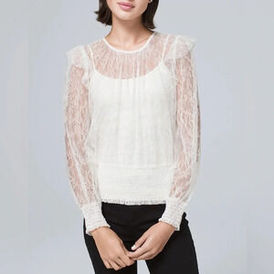 White House Black Market Women's Smocked Hem White Lace Blouse Top Size Medium M